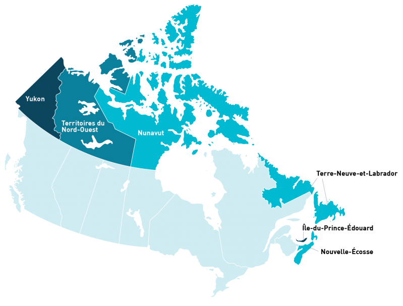 Carte des provinces et territoires où se tiendront des ateliers de théâtre en 2025-2026